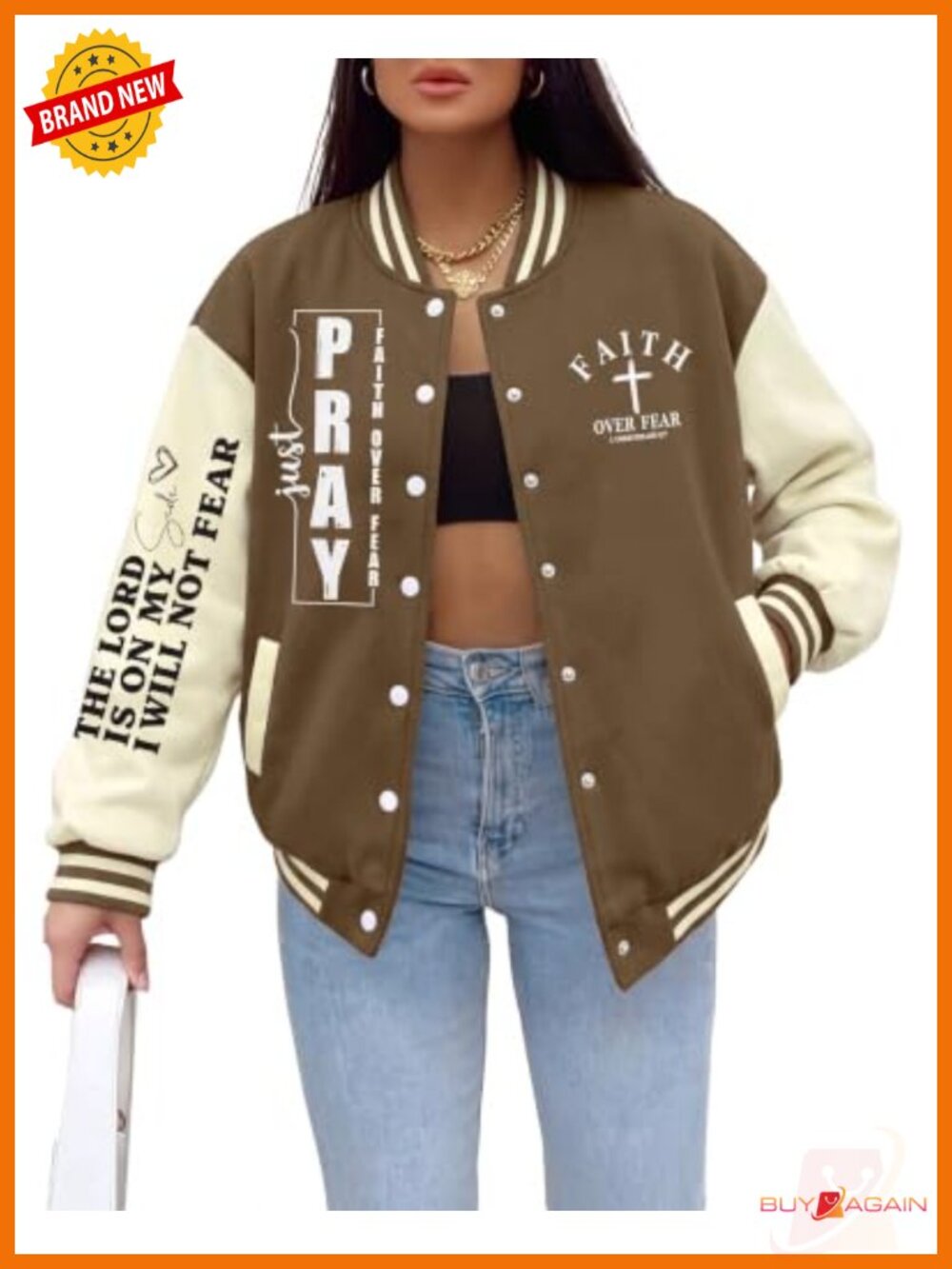 Women Varsity Bomber Jacket Snap Button Christian Graphic Coat Casual